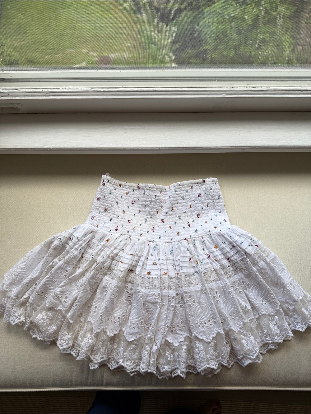 PLACE NATIONALE PARIS White Eyelet Smocked Ruffle Skirt with flowers
